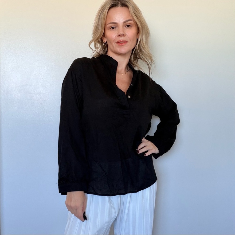 Almina Concept Band Collar Button Up in Black